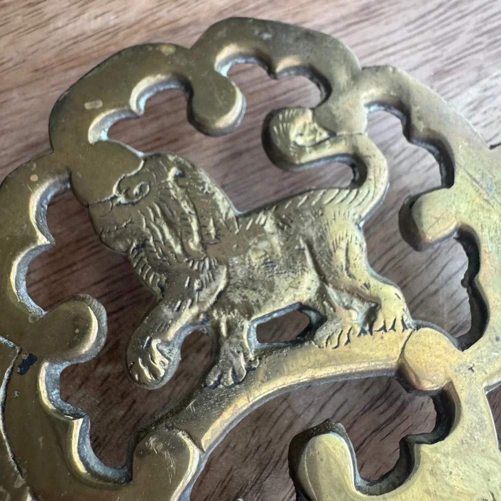 Vintage Brass Animal Trivet 9x6 Gold Lion Cow Squirrel Scrollwork Hanging